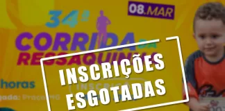 Imagem de divulgação do evento com as principais informações da corrida desfocada com o escrito "Inscrições Esgotadas" em evidência e nitidez.