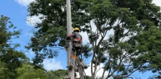 Trabalhador opera em um poste na Vila de Santa Efigênia.