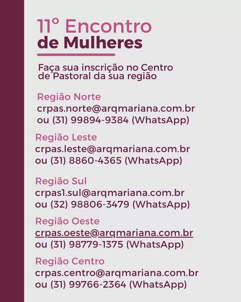 Lista com os contatos das regiões para inscrição.