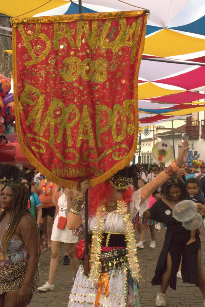 Mulher segura a bandeira do bloco dos farrapos