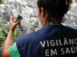 Agente de Vigilância em Saúde observa potes com água parada em casa de morador.